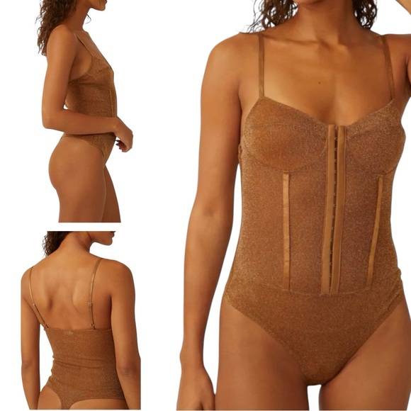 🔥🔥🔥 Free People Night Rhythm Corset Bodysuit Bronze Size Medium NWT - Picture 1 of 12